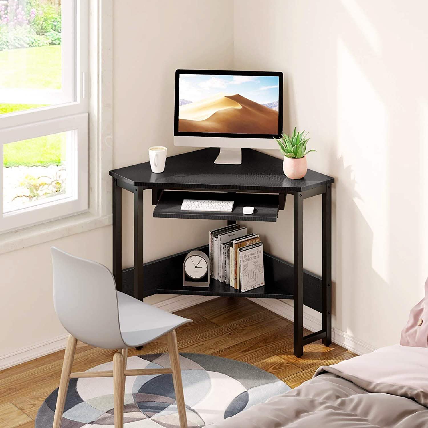 Triangle Computer Desk, Smooth Keyboard Tray& Storage | DailySale