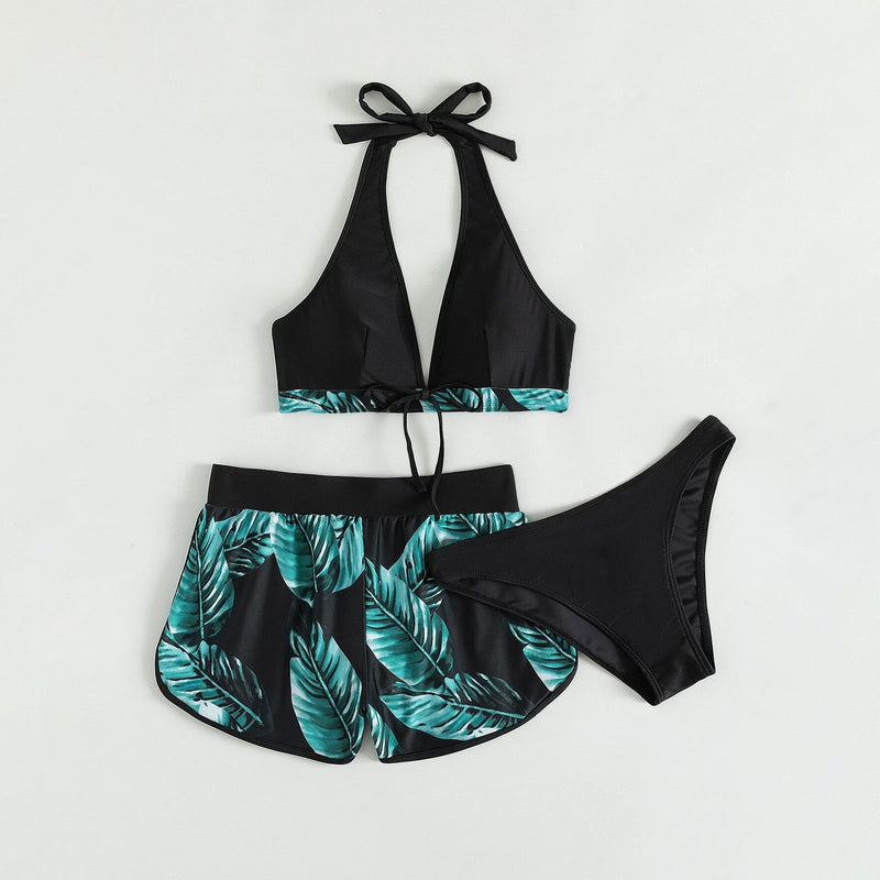 Tropical Print Halter Bikini Swimsuit with Swim Short