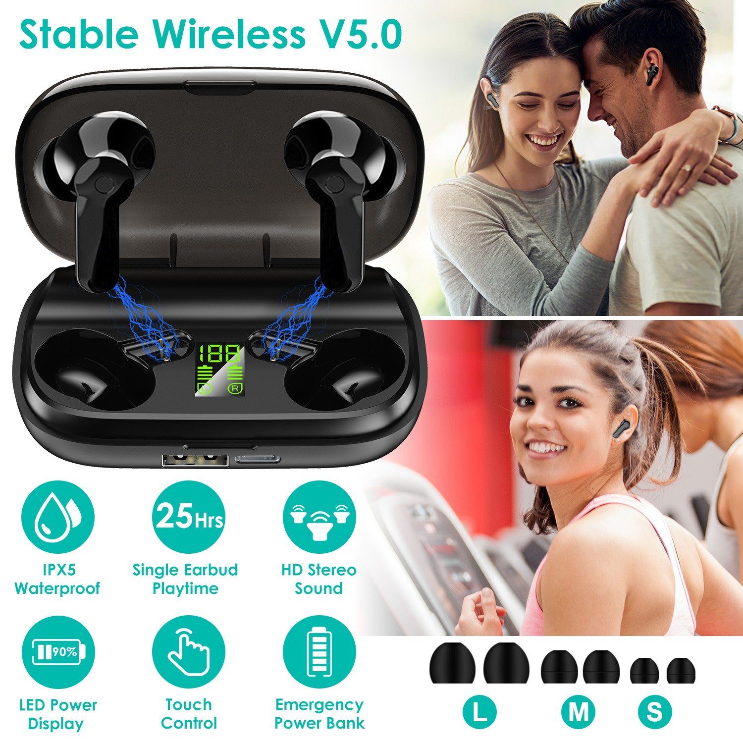 True Wireless V5.0 Earbuds IPX 5 Water Resistant Headphones & Audio - DailySale