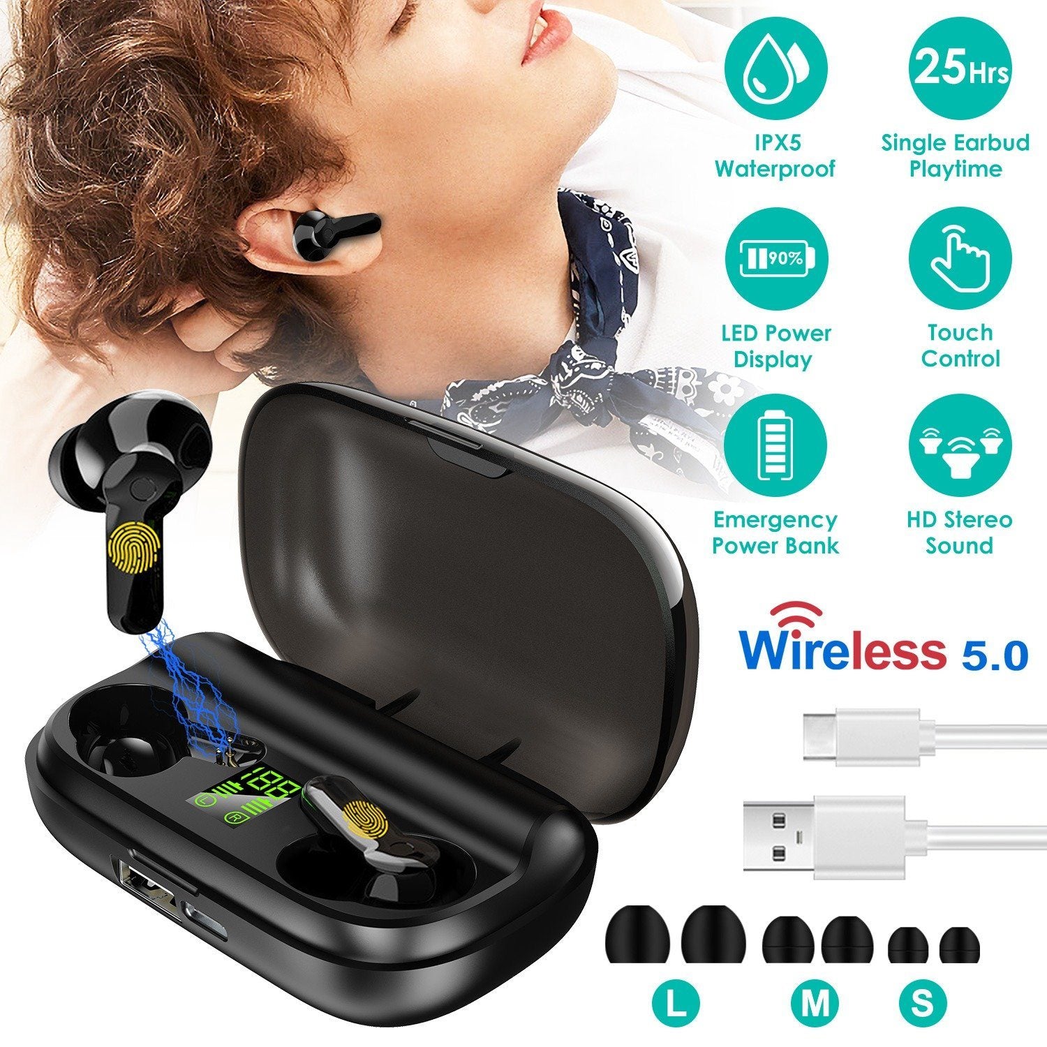 True Wireless V5.0 Earbuds IPX 5 Water Resistant Headphones & Audio - DailySale