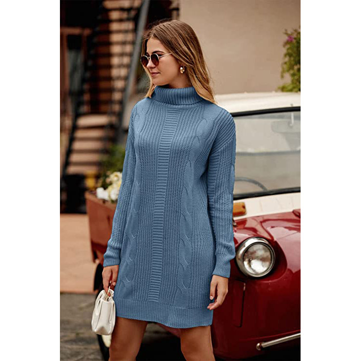 Turtleneck Pullover Sweaters Casual Long Sleeve Plain Winter Knit Sweater Dress