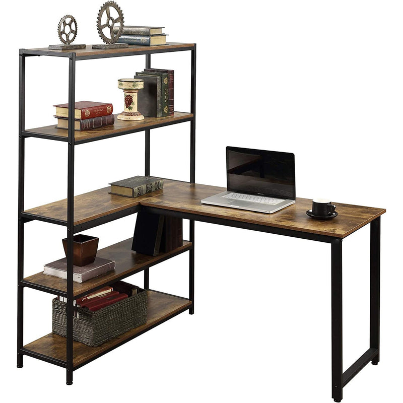 Two Person Computer Desk with Bookshelf Wood and Metal Furniture & Decor - DailySale