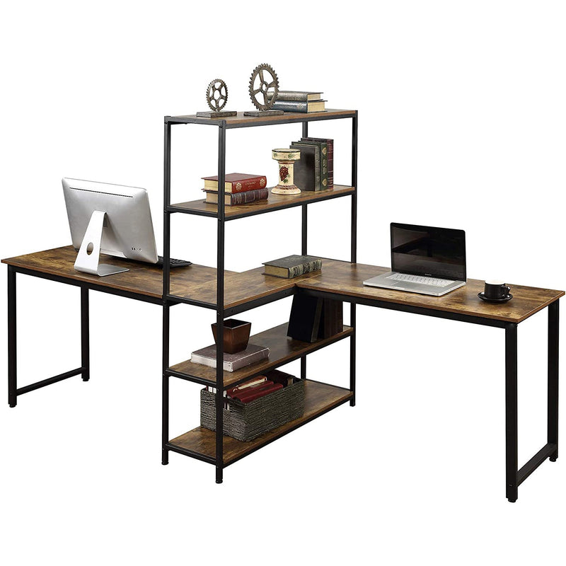 Two Person Computer Desk with Bookshelf Wood and Metal Furniture & Decor - DailySale