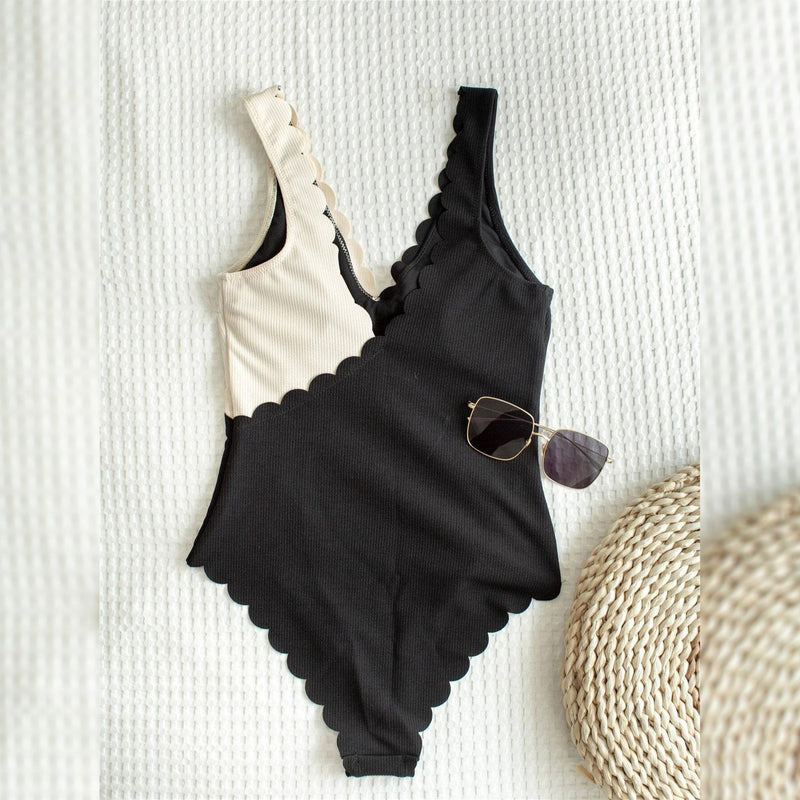 Two Tone Scallop Trim One Piece Swimsuit Women's Clothing - DailySale