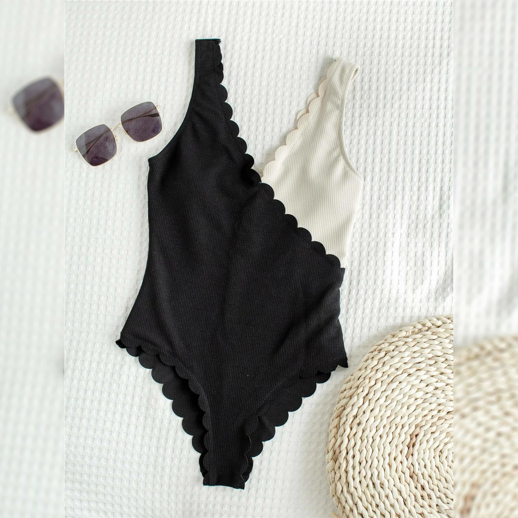 Two Tone Scallop Trim One Piece Swimsuit Women's Clothing - DailySale