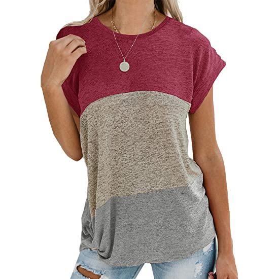 Twotwowin Women's Long Sleeve Tops Side Twist Knotted T Shirts Women's Clothing Wine Red/Gray S - DailySale