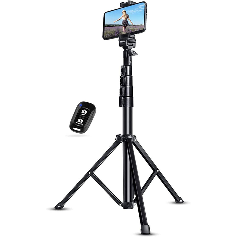 UBeesize 51" Extendable Tripod Stand with Bluetooth Remote extended, holding a smartphone
