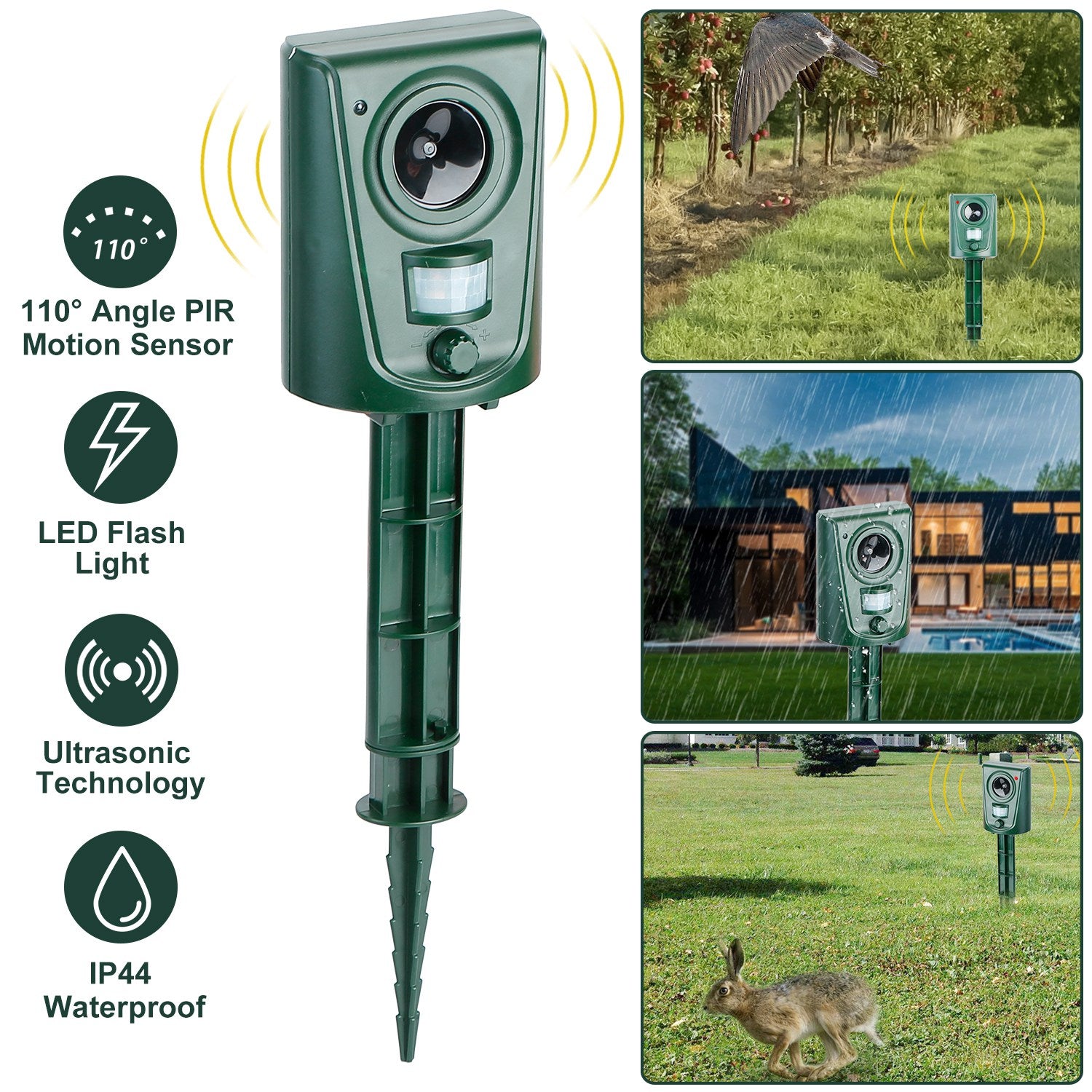 Ultrasonic Animal Repeller IP4 Waterproof Motion Sensor Repellent with Flashing Led Light Pest Control - DailySale