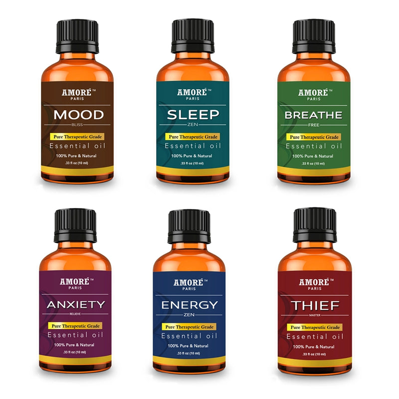 6-Piece Aromatherapy Therapeutic Grade Essential Oils Gift Set, showing the following scents: Mood, Sleep, Breathe, Axiety, Energy, and Thief