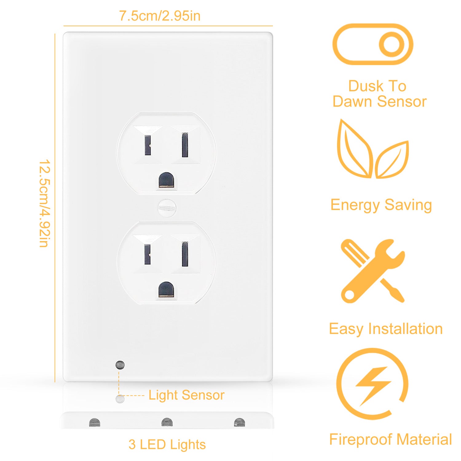 US Wall Outlet Cover Wall Plate with 3-LED Dusk To Down Sensor Night Lights Batteries & Electrical - DailySale