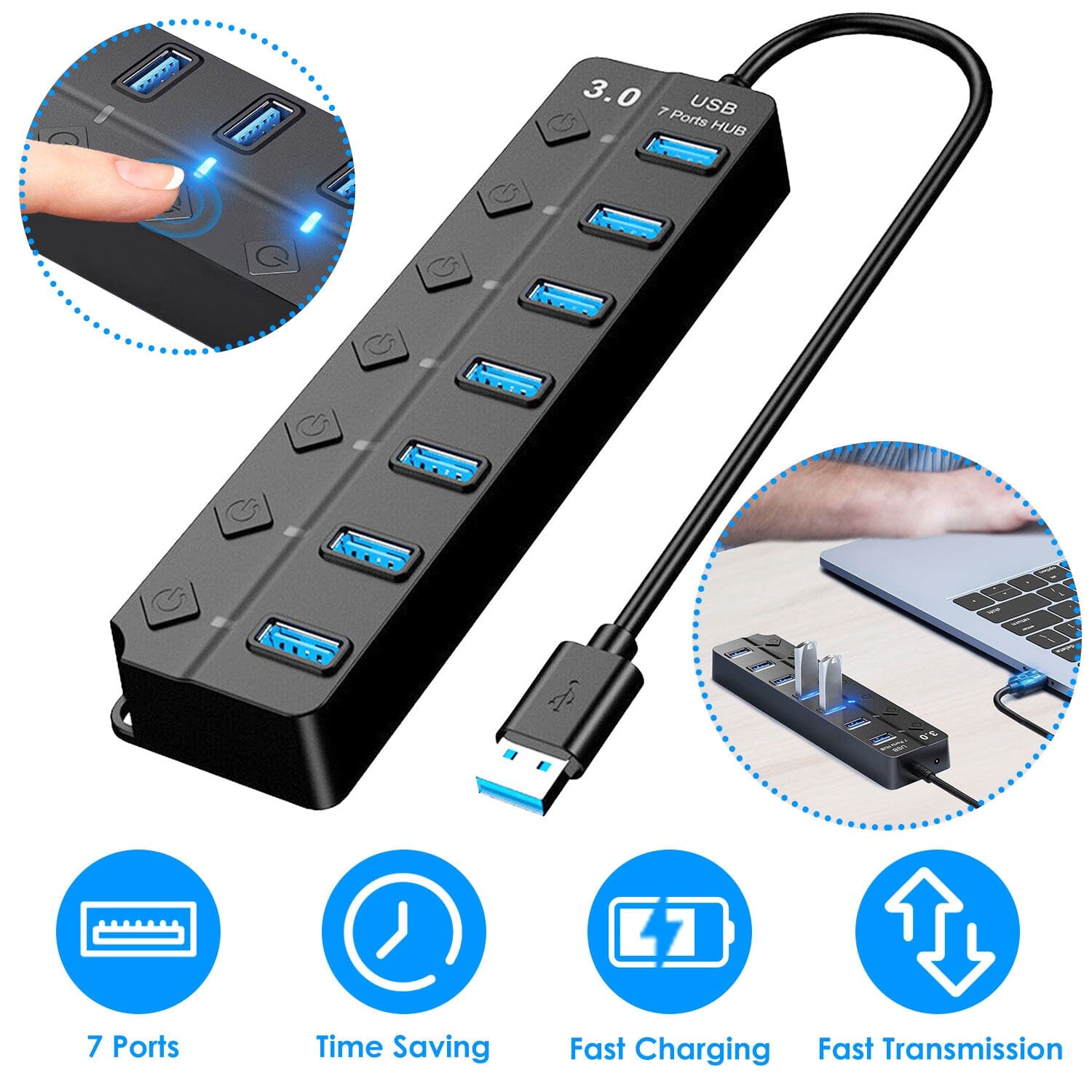 USB 3.0 HUB 7 Ports High Speed 5Gbps USB Splitter Computer Accessories - DailySale