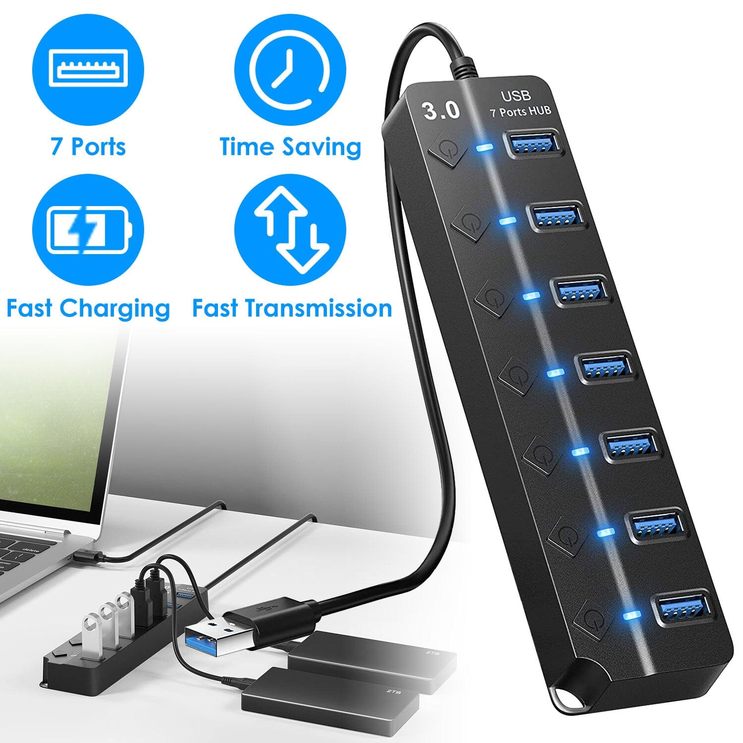 USB 3.0 HUB 7 Ports High Speed 5Gbps USB Splitter Computer Accessories - DailySale