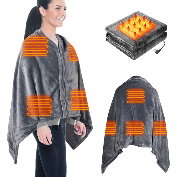 USB Heated Blanket Poncho Shawl Wrap Throw with Zipper Washable Wellness - DailySale