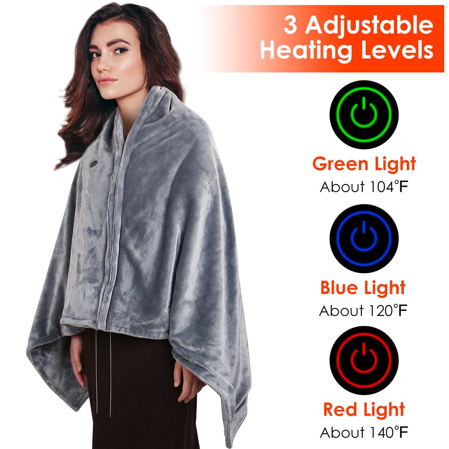 USB Heated Blanket Poncho Shawl Wrap Throw with Zipper Washable Wellness - DailySale