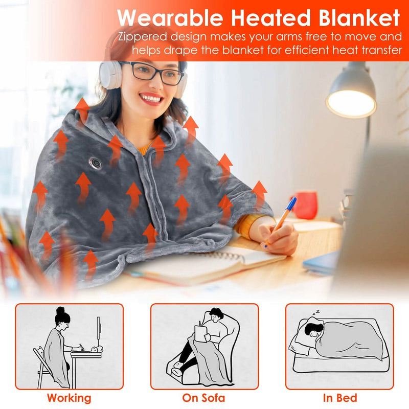 USB Heated Blanket Poncho Shawl Wrap Throw with Zipper Washable Wellness - DailySale