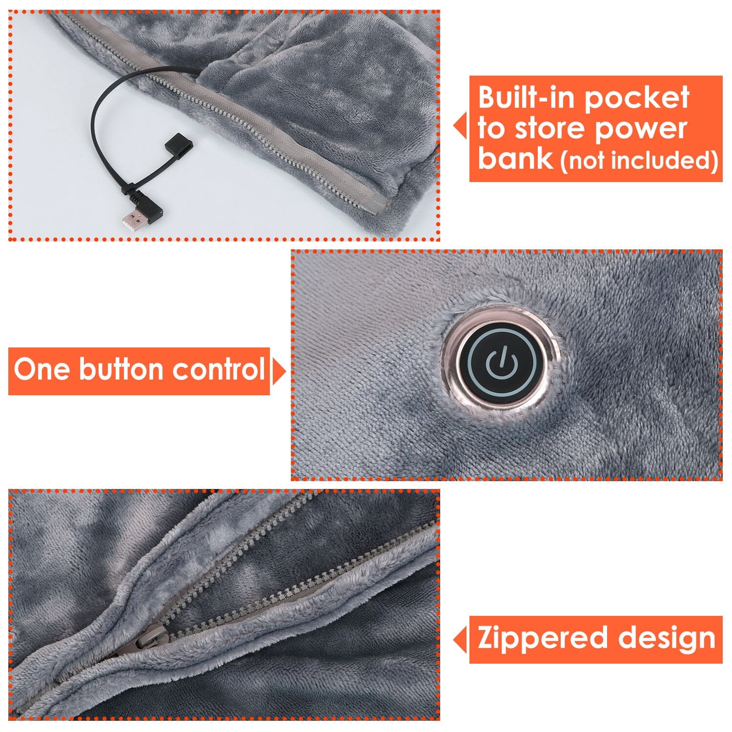 USB Heated Blanket Poncho Shawl Wrap Throw with Zipper Washable Wellness - DailySale