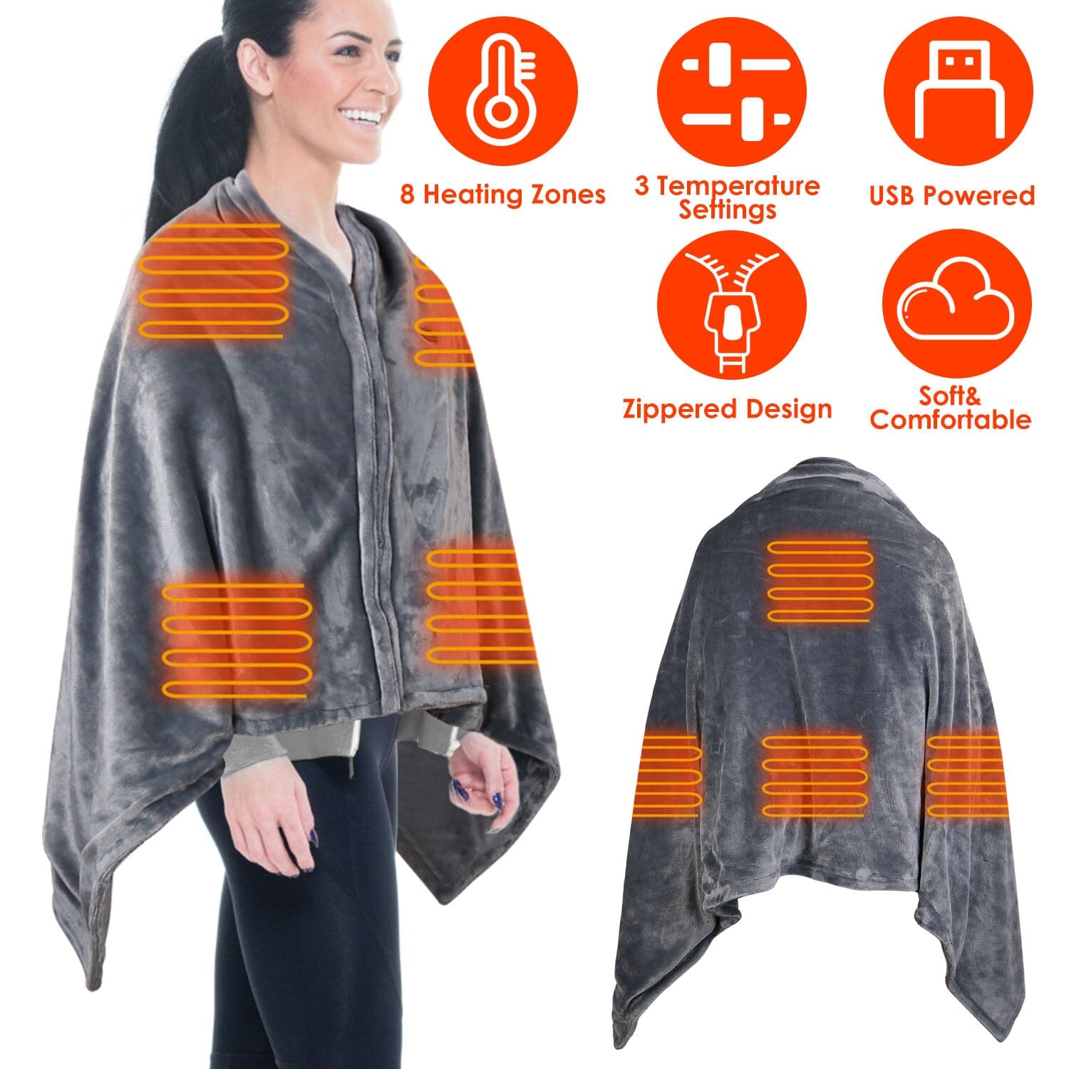 USB Heated Blanket Poncho Shawl Wrap Throw with Zipper Washable Wellness - DailySale