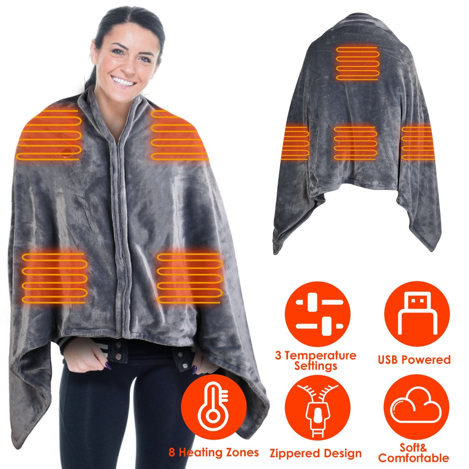 USB Heated Blanket Poncho Shawl Wrap Throw with Zipper Washable Wellness - DailySale