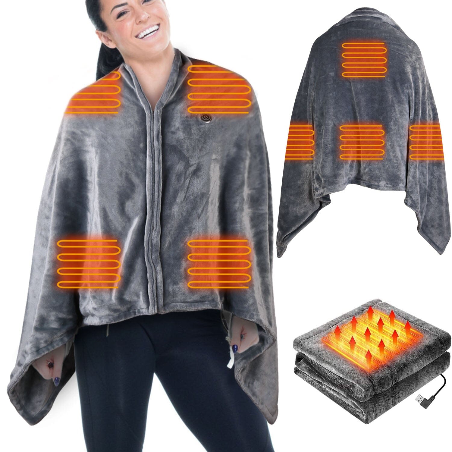 USB Heated Blanket Poncho Shawl Wrap Throw with Zipper Washable Wellness - DailySale