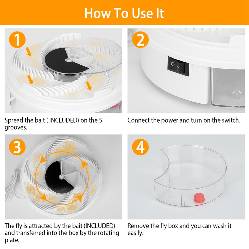 Step-by-step instructions of USB powered Electric Fly Trap Automatic Flycatcher showing four images: 1) Spread the baits, 2) Connect Power, 3) Fly is attracted, and 4) Remove the fly box