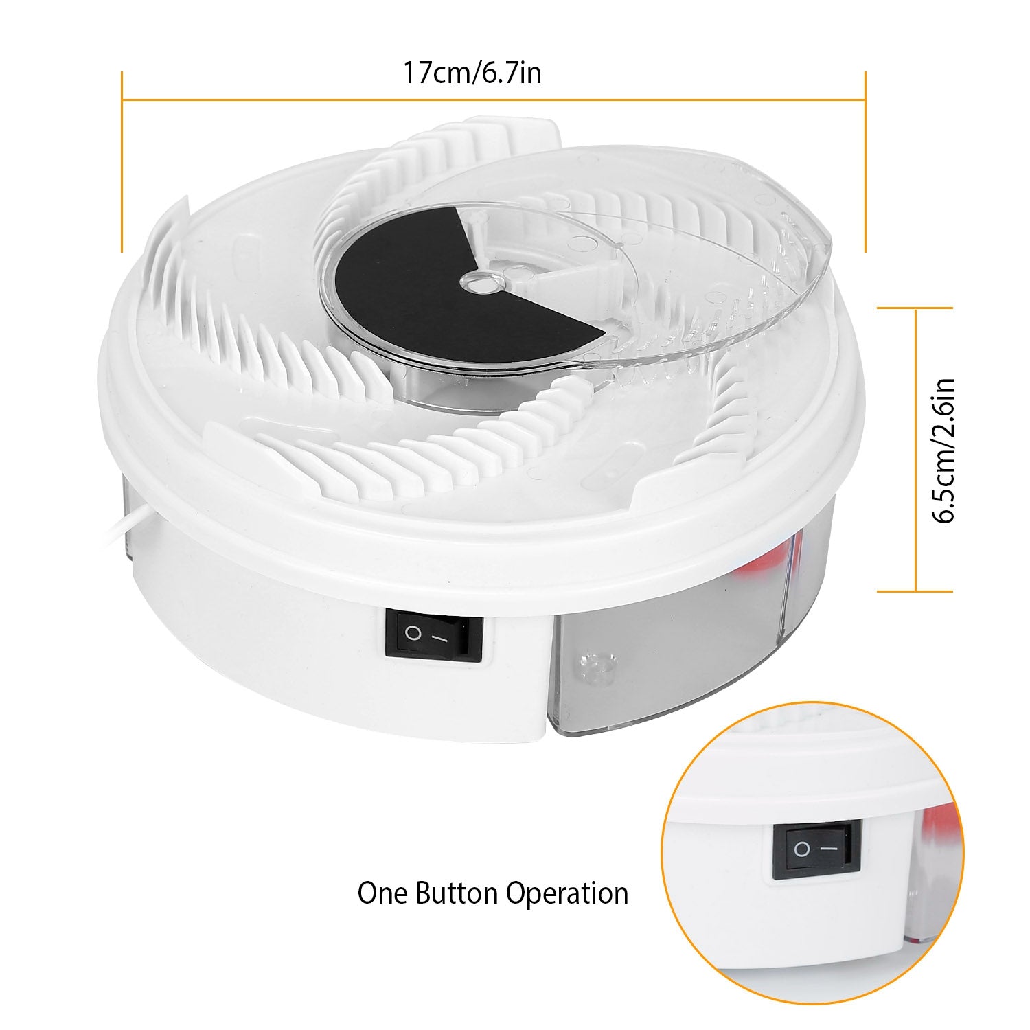 Dimensions of USB powered Electric Fly Trap Automatic Flycatcher, showing a diameter of 6.7 inches by 2.6 inches high