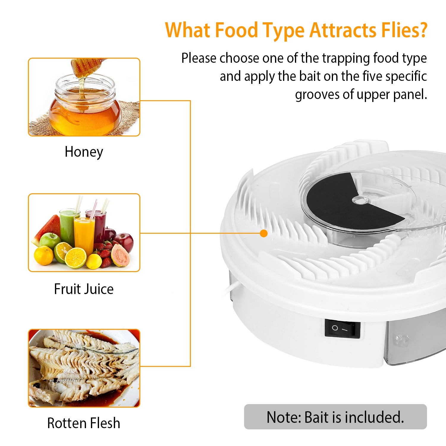 USB powered Electric Fly Trap Automatic Flycatcher with the following title: What Food Type Attracts Flies? and three insets with the following inscriptions: Honey, Fruit Juice, and Rotten Flesh