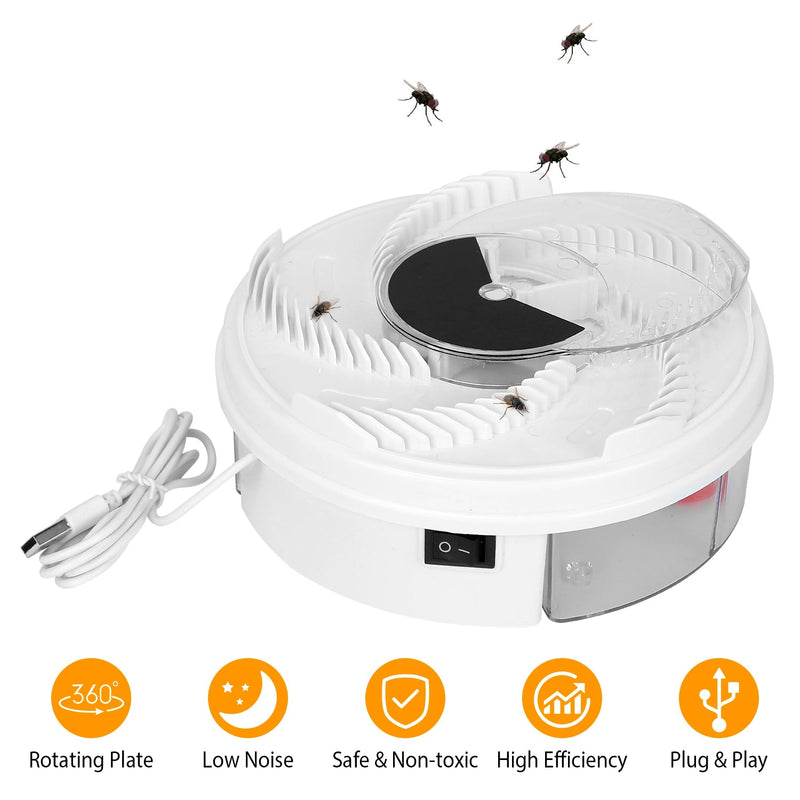 USB powered Electric Fly Trap Automatic Flycatcher shown in action, with five icons with the following inscriptions: Rotating Plate, Low Noise, Safe & Non-Toxic, High Efficiency, and Plug & Play