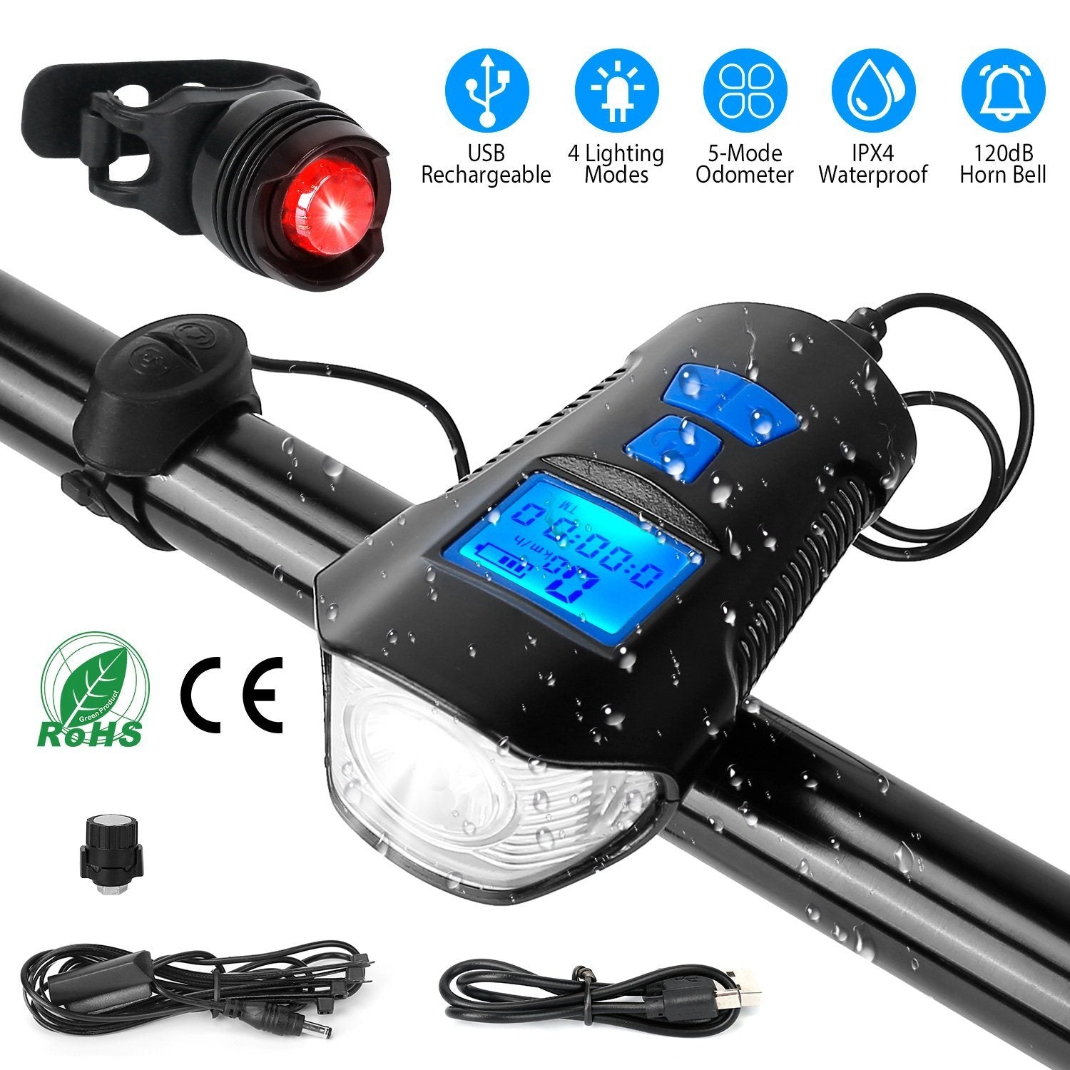 USB Rechargeable Bike Light Set with Speedometer and Odometer Sports & Outdoors - DailySale