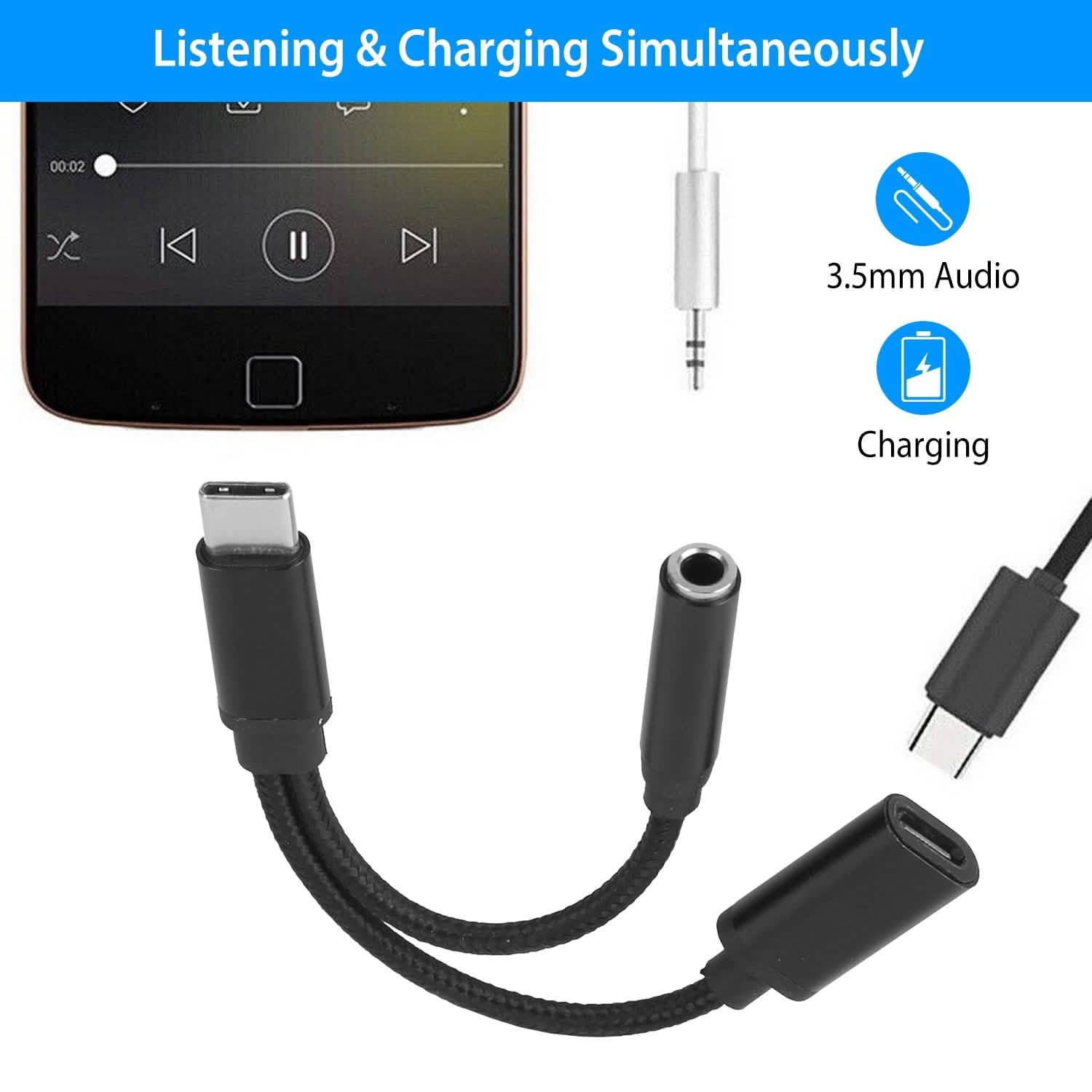 USB Type-C to 3.5mm Aux Audio Charging Adapter Braided Headphone Jack Splitter Cable Mobile Accessories - DailySale