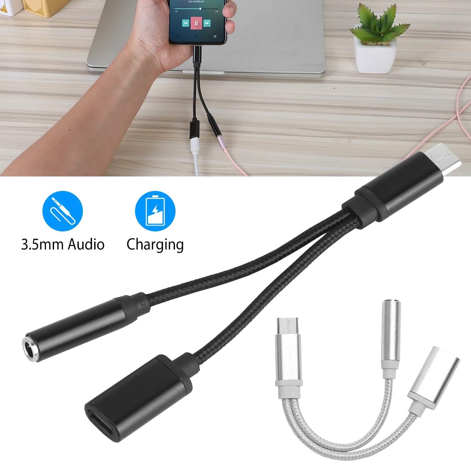 USB Type-C to 3.5mm Aux Audio Charging Adapter Braided Headphone Jack Splitter Cable Mobile Accessories - DailySale