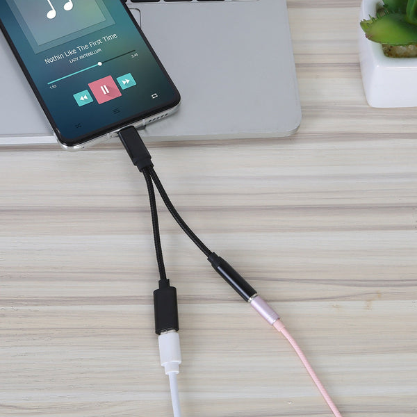 USB Type-C to 3.5mm Aux Audio Charging Adapter Braided Headphone Jack Splitter Cable Mobile Accessories - DailySale
