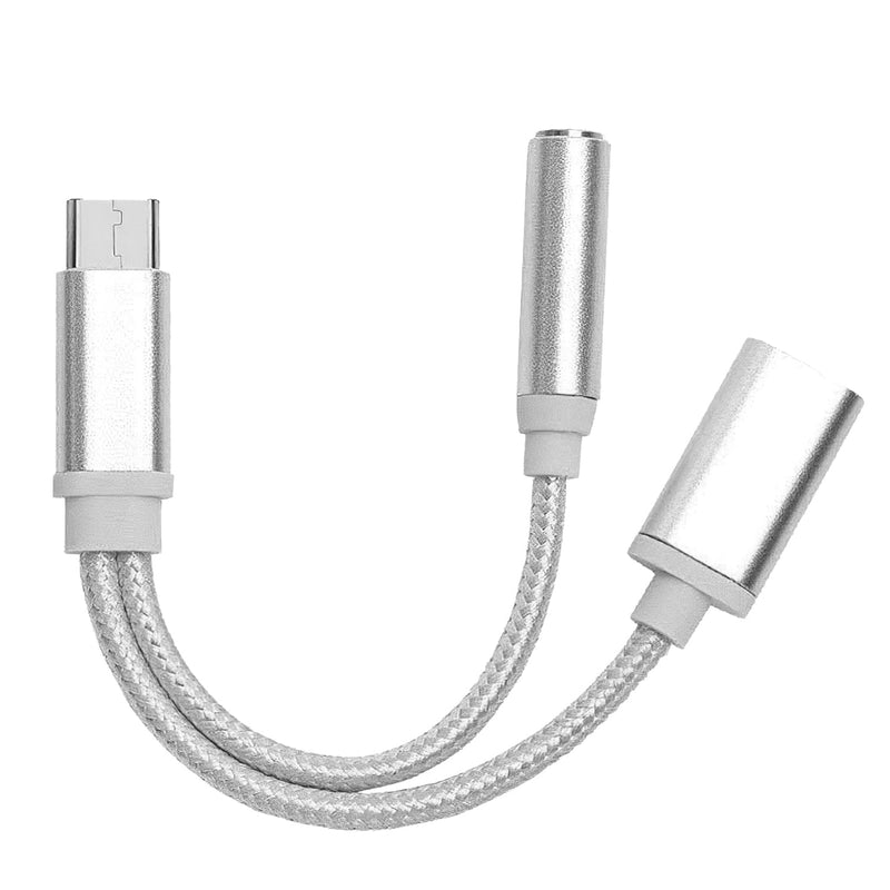 USB Type-C to 3.5mm Aux Audio Charging Adapter Braided Headphone Jack Splitter Cable Mobile Accessories Silver - DailySale