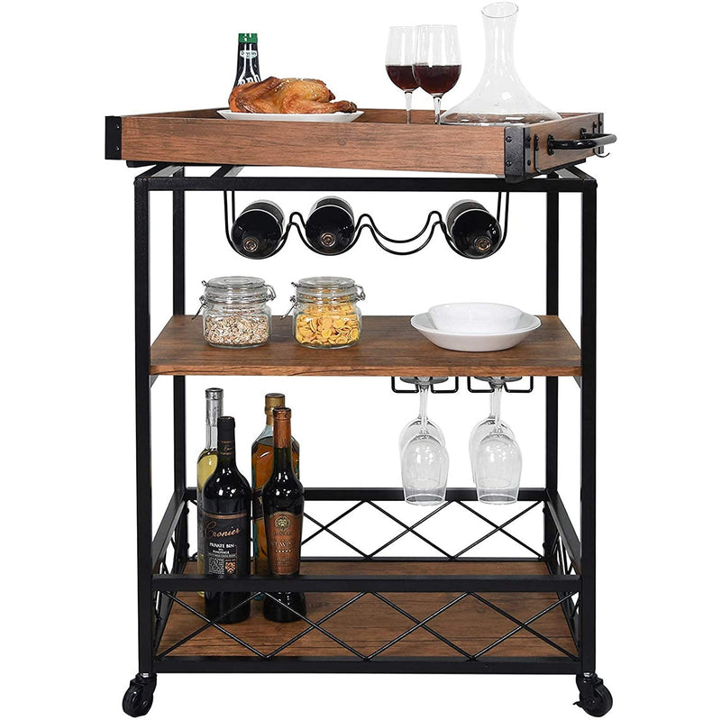 Usinso Industrial Rolling Bar Cart with 3 Tier Storage Shelves Kitchen Storage - DailySale