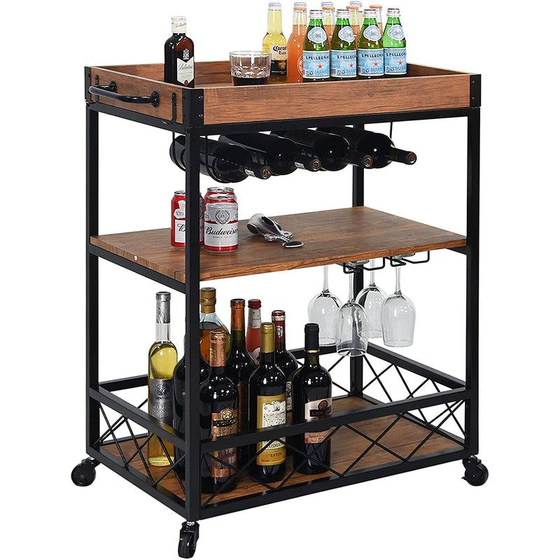 Usinso Industrial Rolling Bar Cart with 3 Tier Storage Shelves Kitchen Storage - DailySale
