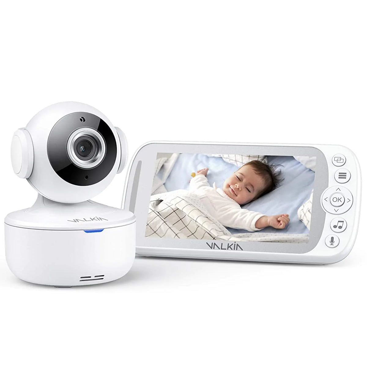 VALKIA 720P 5" HD Display Baby Monitor with Camera & Audio next to smartphone app showing a sleeping baby