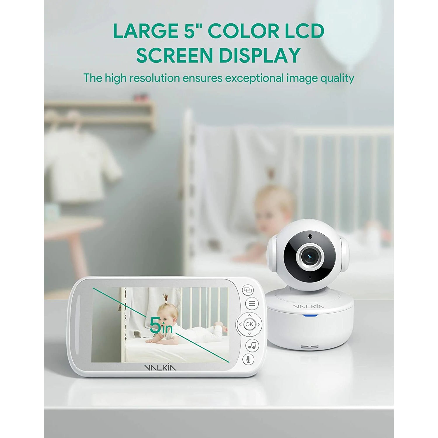 VALKIA 720P 5" HD Display Baby Monitor Camera and smartphone app with a baby in a crib in the background