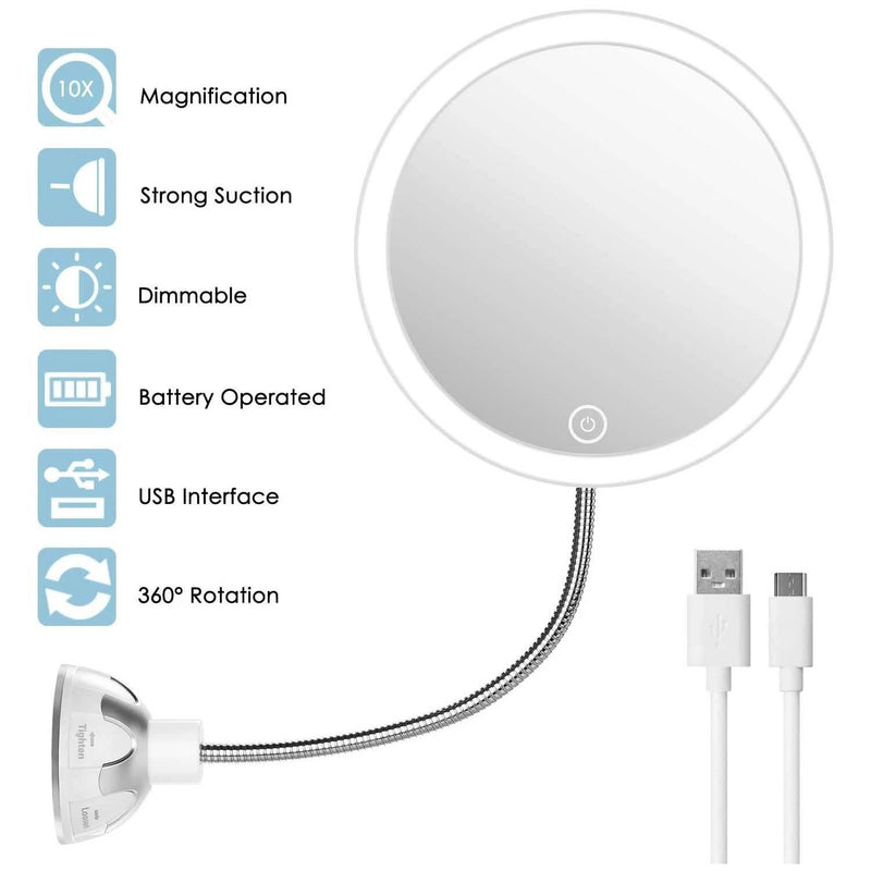 Vanity Mirror 10-Times Magnifying LED Lighted Make-up Swivel Suction Cup Compact Folding Beauty & Personal Care - DailySale