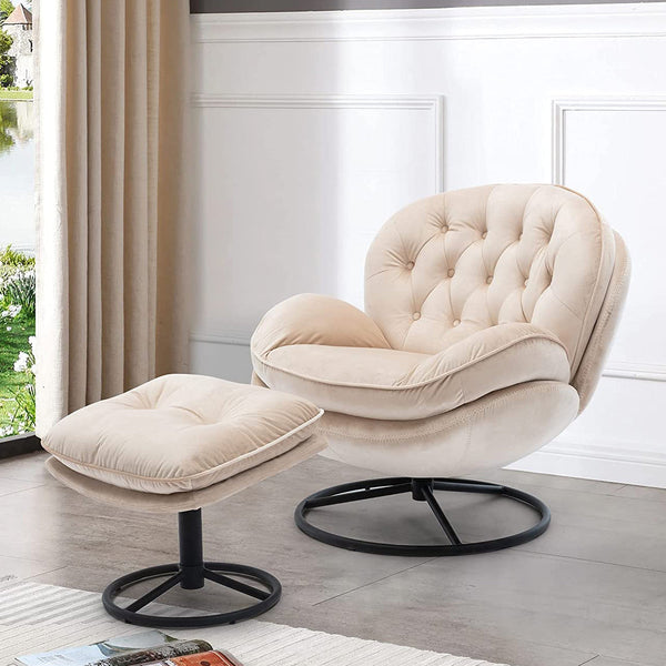 Velvet Swivel Accent Chair with Ottoman Set Furniture & Decor Beige - DailySale