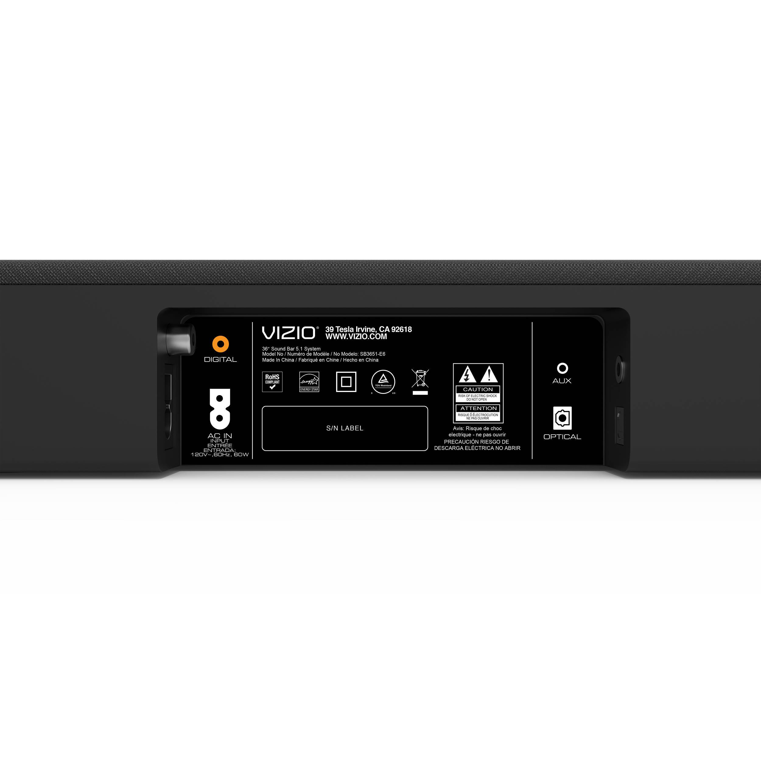 Backside of VIZIO SmartCast 5.1 Channel Wireless Soundbar SB3651-E6 (Refurbished)