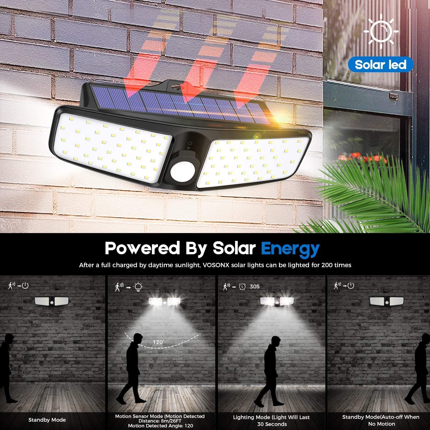 VOSONX Solar Powered Security Lights Outdoor Lighting - DailySale