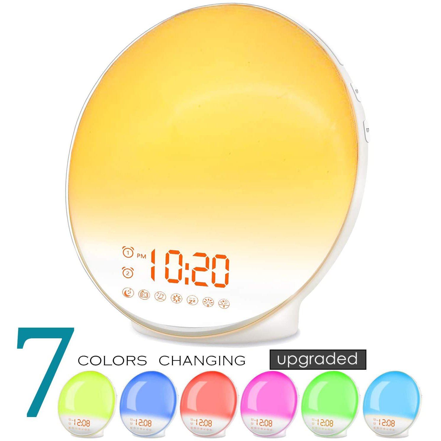 Wake Up Light Sunrise Alarm Clock shown in 7 avaiable colors