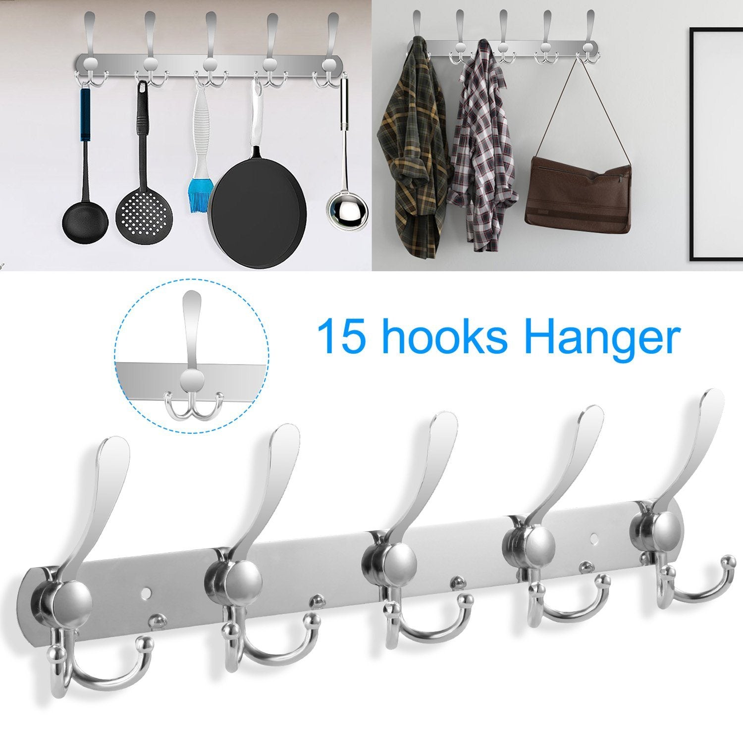 Wall Mount Coat 15 Hooks Stainless Steel Clothes Hanger Rack Closet & Storage - DailySale