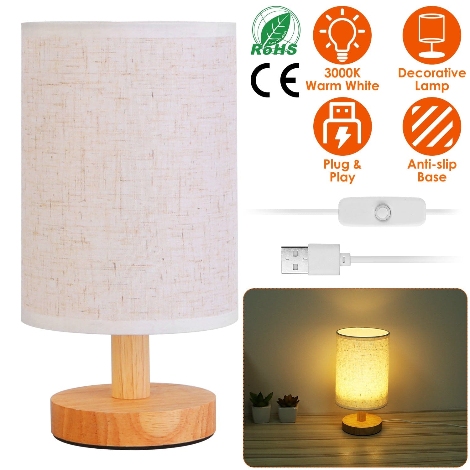 Warm White Nightstand Lamp USB Plug Modern Lantern Indoor Lighting - DailySale