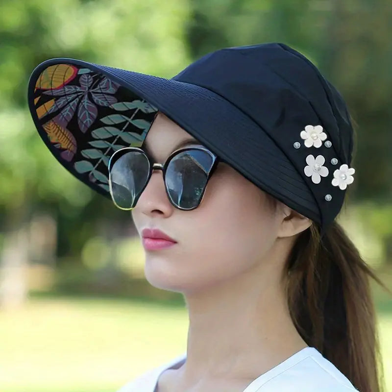 Wide Brim Sun Visor Foldable Picnic Hat Beach UV Protection Scallop Cap Women's Shoes & Accessories Black - DailySale