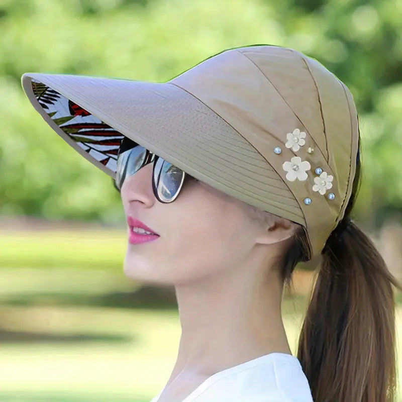 Wide Brim Sun Visor Foldable Picnic Hat Beach UV Protection Scallop Cap Women's Shoes & Accessories Khaki - DailySale