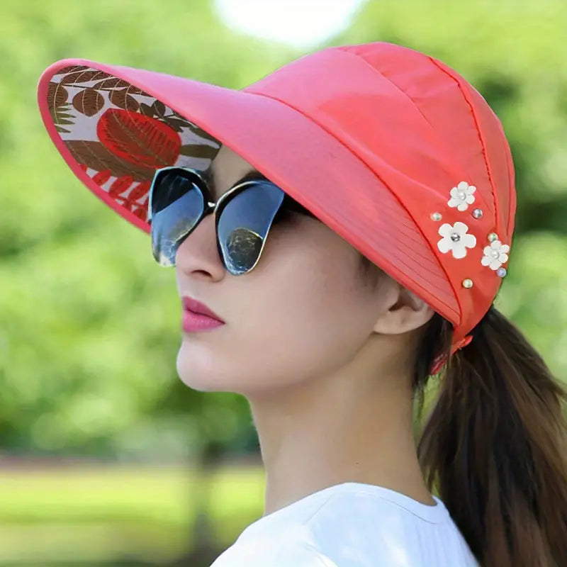 Wide Brim Sun Visor Foldable Picnic Hat Beach UV Protection Scallop Cap Women's Shoes & Accessories Rose Red - DailySale