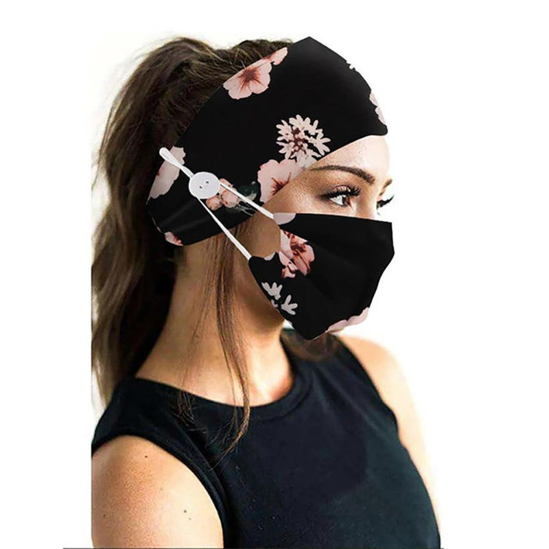 Wide Buttoned Elastic Headband with Matching Face Mask Face Masks & PPE Black Floral - DailySale