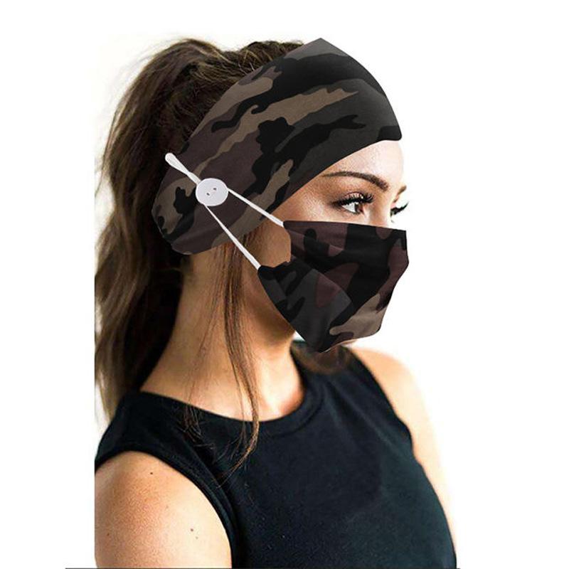 Wide Buttoned Elastic Headband with Matching Face Mask Face Masks & PPE Green Camo - DailySale