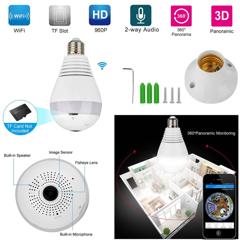 WiFi Light Bulb Camera 960P Security Camera 360° Camera, TV & Video - DailySale