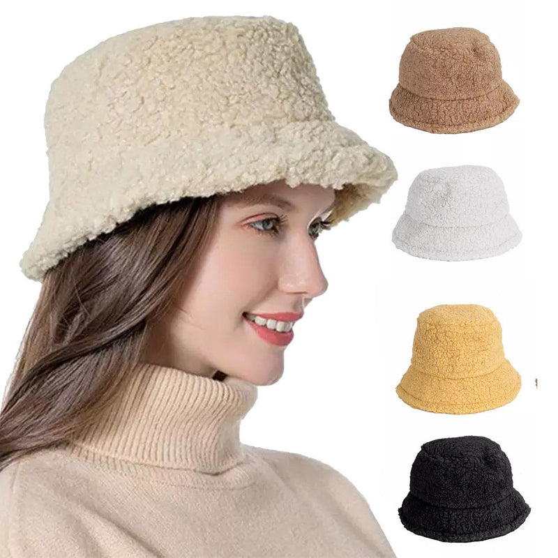 Winter Bucket Hat Women Warm Hats Vintage Faux Fur Fisherman Cap | Beige